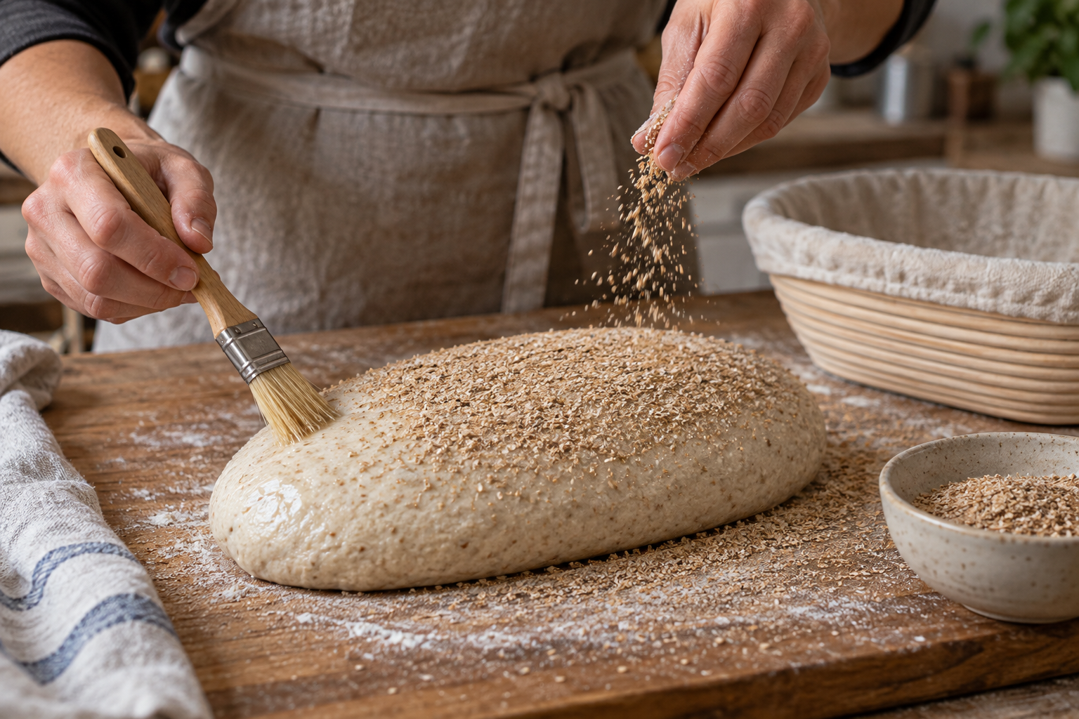 Hands applying a thin bran topping to shaped dough before proofing