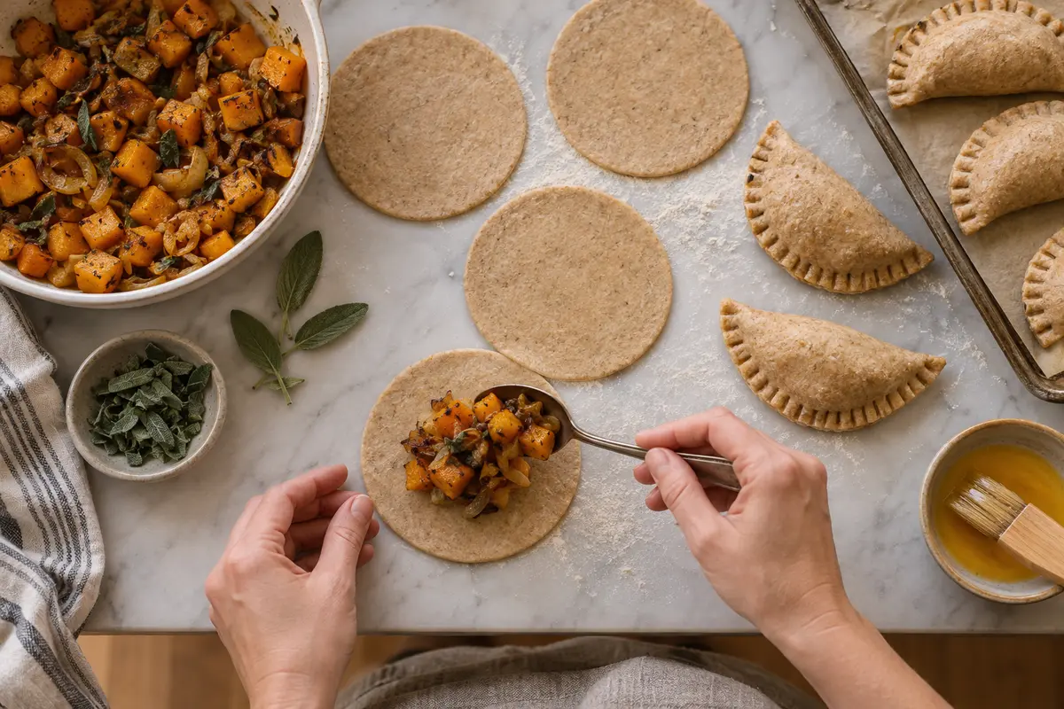 Roasted squash and sage filling being spooned onto emmer pastry rounds