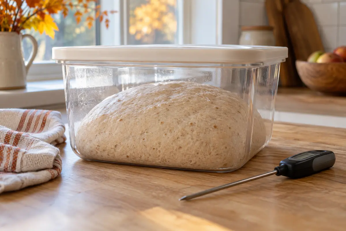 Fresh-milled bread dough proofing in a clear container beside a probe thermometer in an autumn kitchen