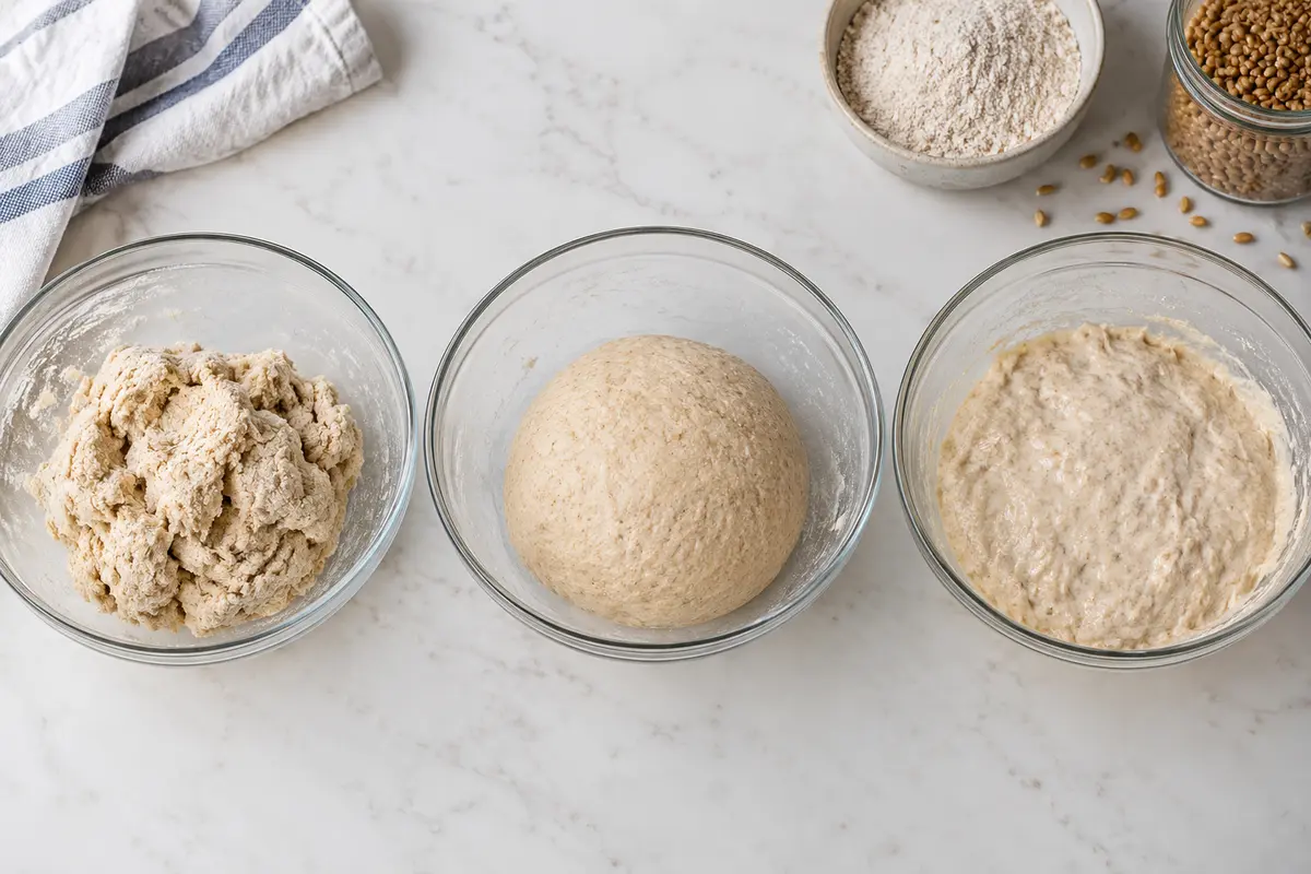 Three bowls comparing under-hydrated, properly hydrated, and overly wet fresh-milled dough