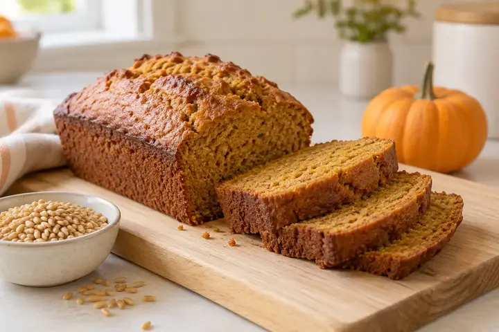 Sliced fresh-milled maple pumpkin spelt bread with spelt berries