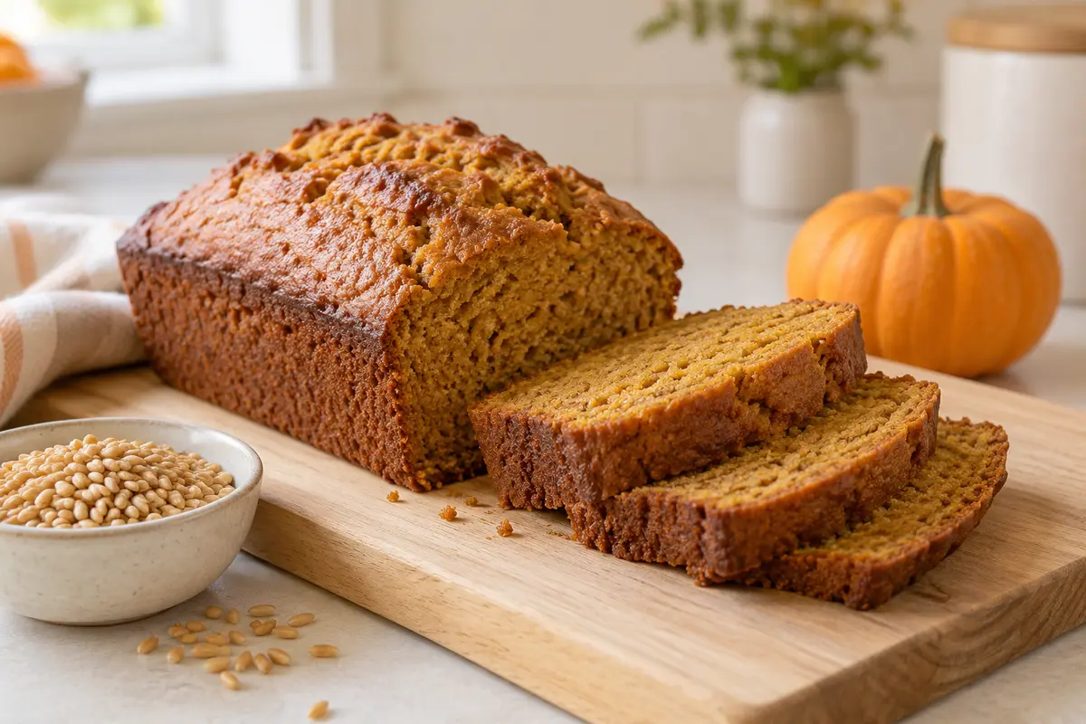 Sliced fresh-milled maple pumpkin spelt bread with spelt berries and a small pumpkin