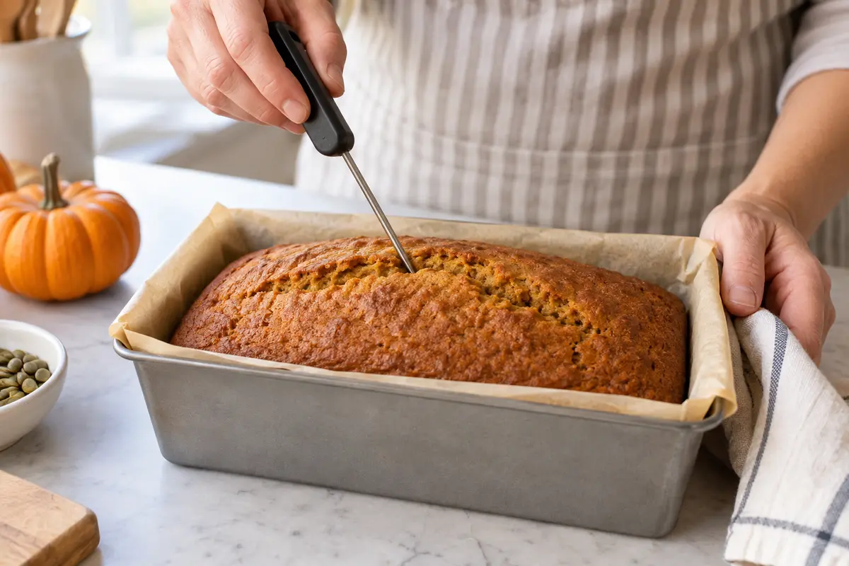 Baker checking maple pumpkin spelt bread with an instant-read thermometer