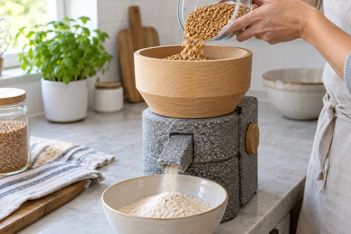 Spelt berries entering a countertop stone grain mill while flour collects below