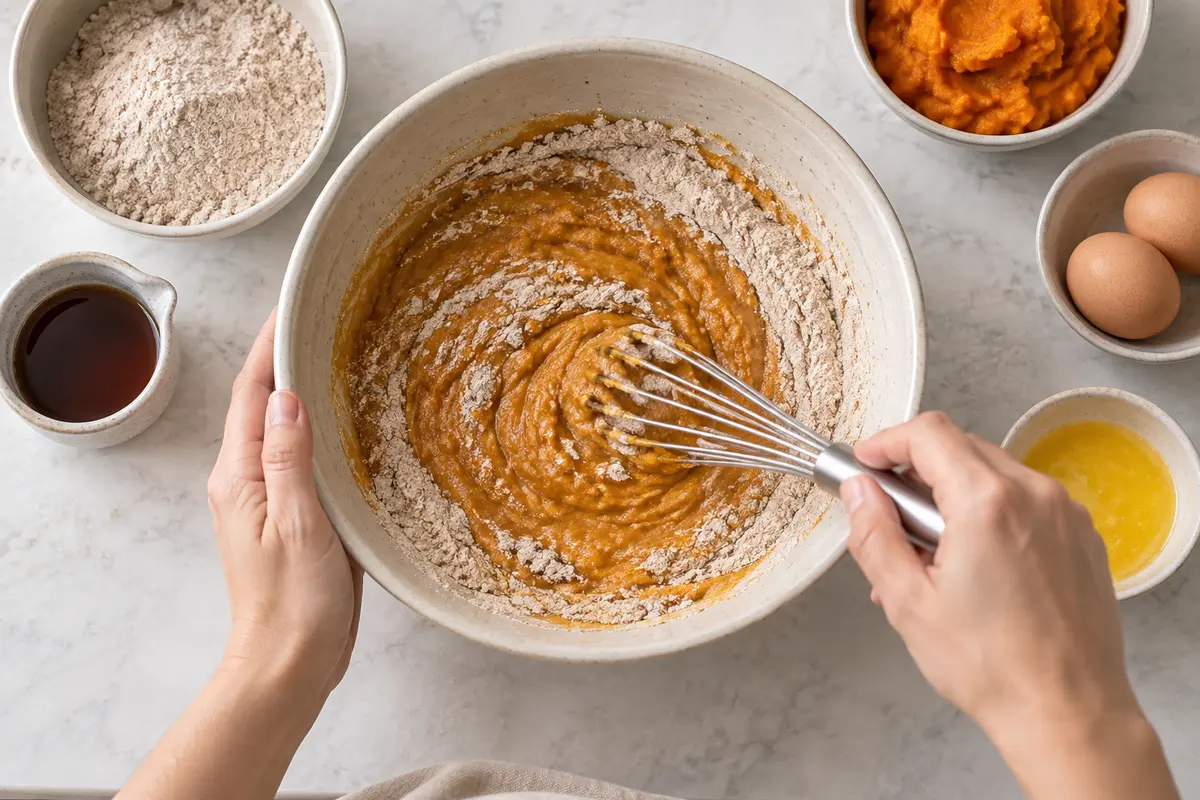 Fresh-milled spelt flour being whisked into pumpkin batter