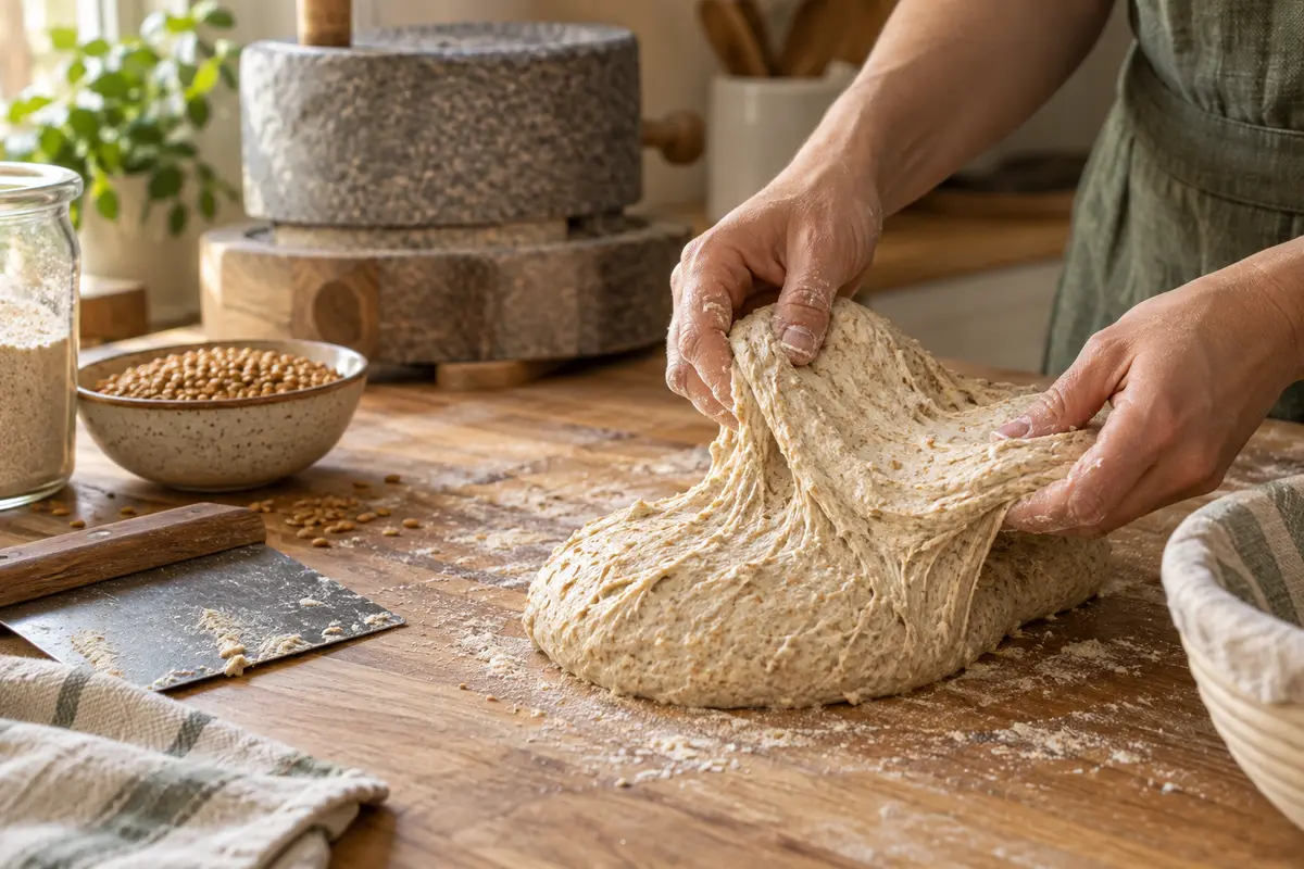 Baker gently lifting sticky fresh-milled whole-grain dough on a wooden workbench