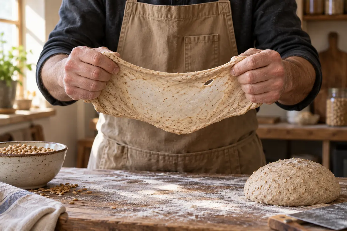 Baker holding both sides of fresh-milled whole-grain dough during a windowpane test