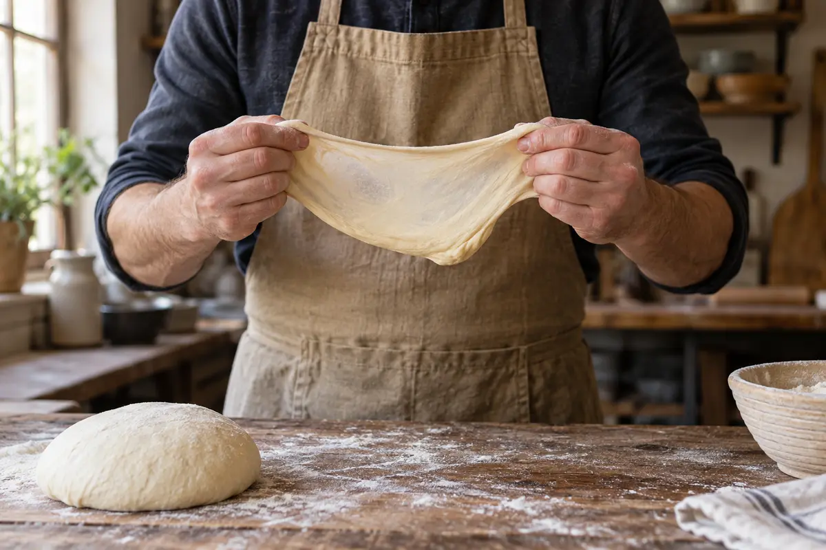 Baker holding both sides of refined wheat dough during a windowpane test