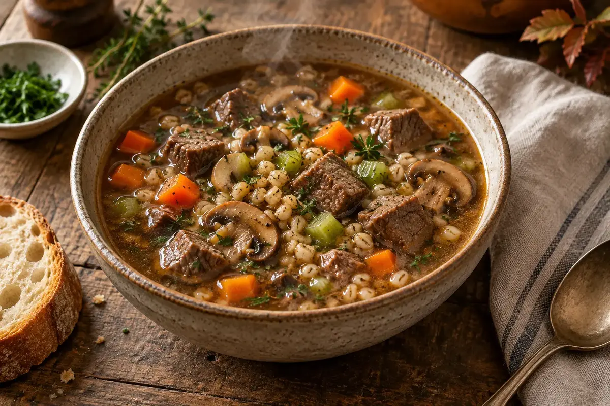 Beef mushroom and spelt berry soup