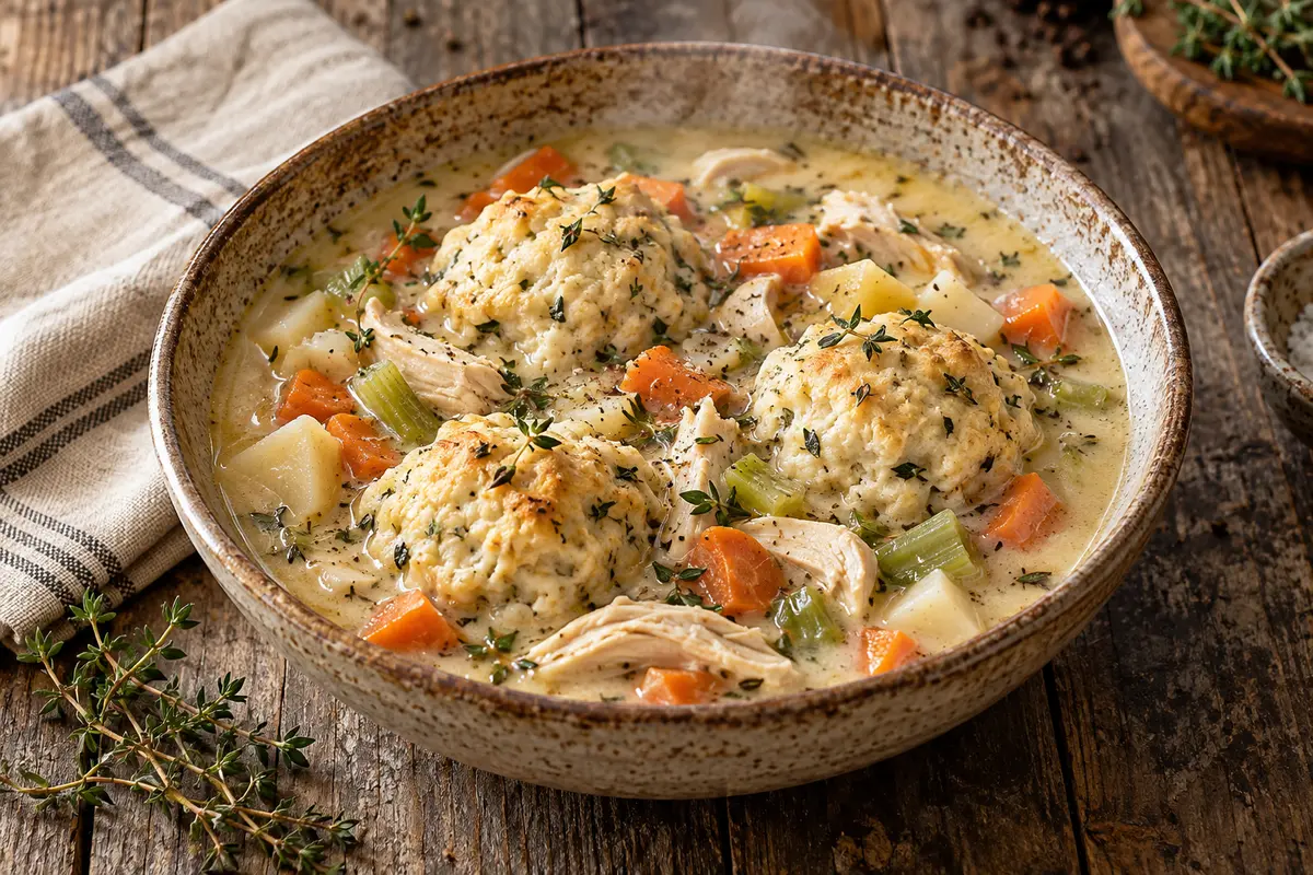 Creamy Chicken & Spelt Herb-Dumpling Soup