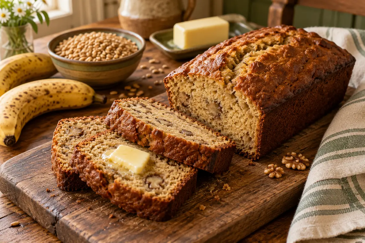 Fresh-milled einkorn banana walnut bread with buttered slices
