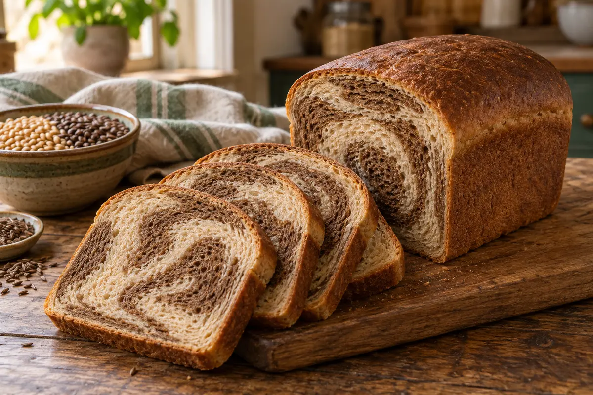 Fresh-milled marble rye sandwich loaf with light and dark swirled slices