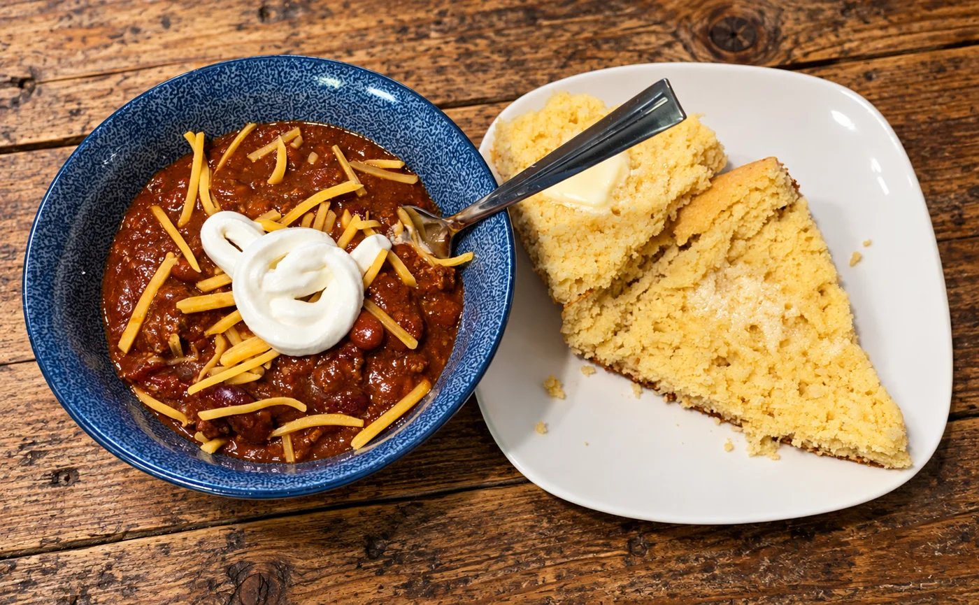 Buttered wedges of golden cornbread beside a bowl of chili topped with cheese and sour cream